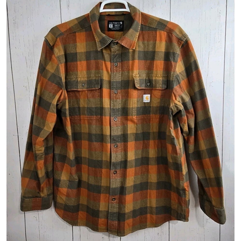 Carhartt Heavyweight Flannel Shirt Mens XL Orange Plaid 100% Cotton Button Up